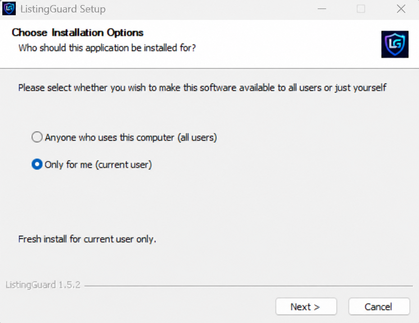 ListingGuard Setup installation options screen with Only for me current user selected