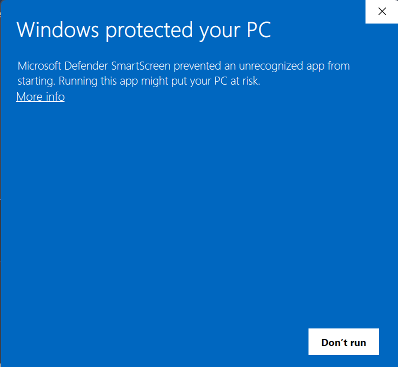 Windows protected your PC SmartScreen message showing the More info link