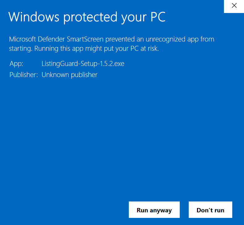 Expanded SmartScreen message showing ListingGuard Setup and the Run anyway button